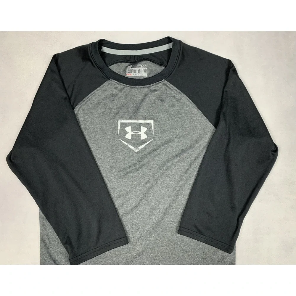 Under Armour Shirt Mens S Gray‎ Black HeatGear Fitted 3/4 Sleeve Baseball